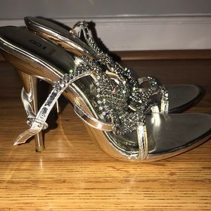 Silver heels with rhinestone detail